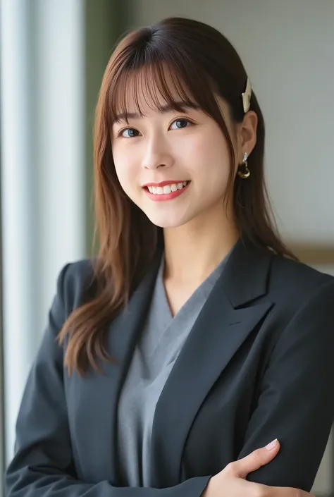 A neat and clean young woman、office lady suit、jacket、shirt、necklace、and look at the camera、、 pale brown hair、 smile showing teeth、ネックレス、ear piercing、upper body、Background is in a room、