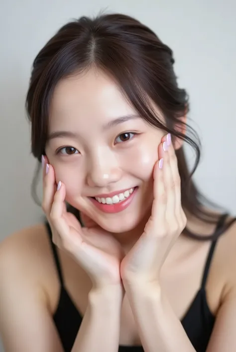extreme close-up portrait, beautiful girl with her love-struck, radiant face filling the entire frame (95% face ratio), gently placing both open hands on her flushed cheeks with soft fingers, soft black camisole, white blurred background, eyes dreamy and h...