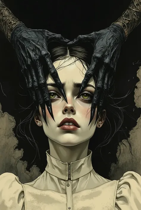 Portrait of a young European girl in close-up, probably 18-25 years old, with a scared and helpless expression on her face. The image is made in a dramatic, almost Gothic style. The upper part of the image is black.The first scary black hand of the monster...