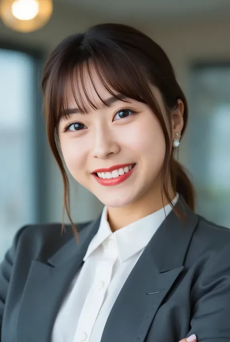 A neat and clean young woman、office lady suit、jacket、shirt、necklace、and look at the camera、、 口を少し開く、、 smile showing teeth、ネックレス、ear piercing、upper body、Background is in a room、