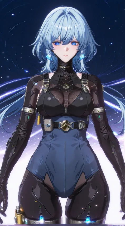 Create an artistic and futuristic female character design featuring a humanoid figure that has a blend of human and robotic features. The character should have long, flowing light blue hair and expressive eyes, with a sleek, armored bodysuit composed of da...
