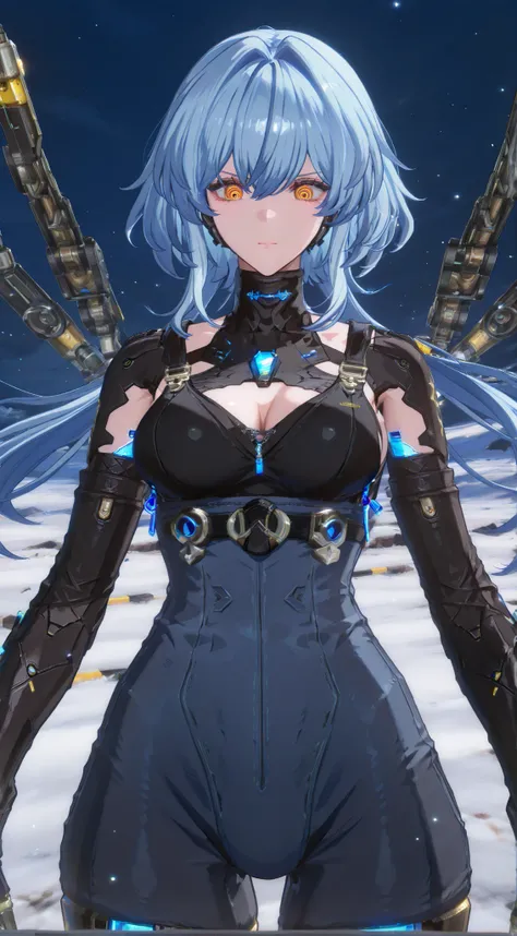 Create an artistic and futuristic female character design featuring a humanoid figure that has a blend of human and robotic features. The character should have long, flowing light blue hair and expressive eyes, with a sleek, armored bodysuit composed of da...