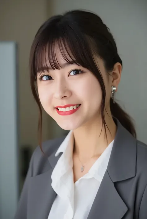 A neat and clean young woman、office lady suit、jacket、shirt、necklace、and look at the camera、、 濃いアイシャドウ、、 smile showing teeth、ネックレス、ear piercing、upper body、Background is in a room、