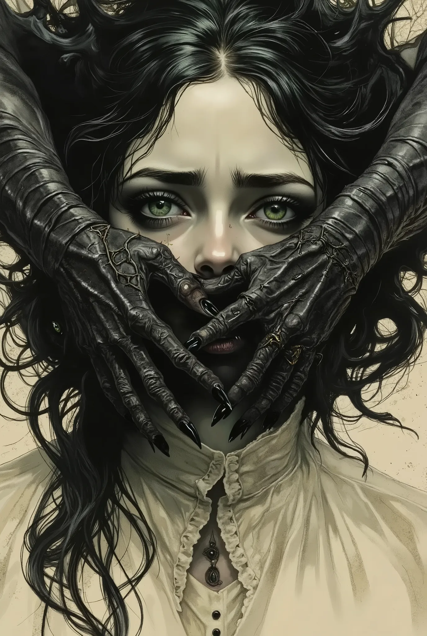 Portrait of a young European girl in close-up, probably 18-25 years old, with a scared and helpless expression on her face. The image is made in a dramatic, almost Gothic style. The upper part of the image is black.The first scary black hand of the monster...