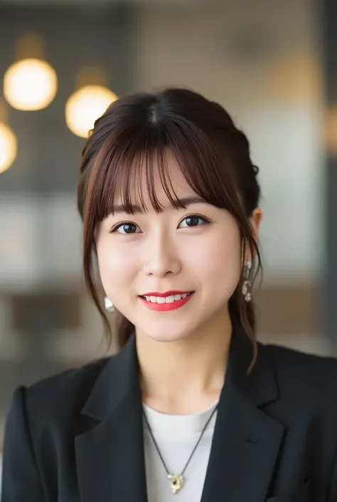 A neat and clean young woman、office lady suit、jacket、shirt、necklace、and look at the camera、、 濃いアイシャドウ、薄い茶髪、 smile showing teeth、ネックレス、ear piercing、upper body、Background is in a room、