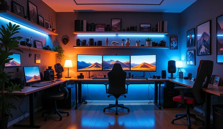 Create an image of a modern photo editing room with a deep perspective that highlights the immersive and creative environment. The room features a sleek desk equipped with a high-performance computer dedicated to photo editing, multiple high-resolution mon...