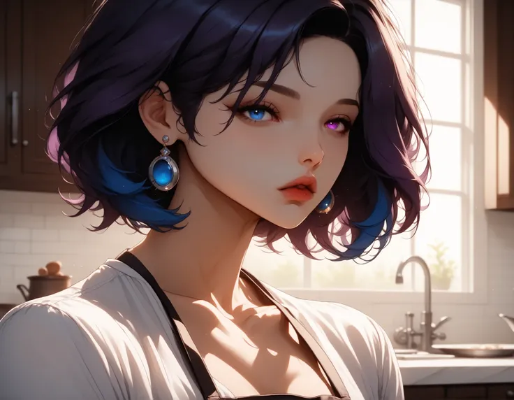 (masterpiece:1.2), (best quality:1.2), ultra detailed, 8k, watercolor, cinematic lighting, volumetric_lighting, rim light, soft shadows, ((forced_perspective)), (Diminishing scale perspective:1.3) BREAK (kitchen, indoors, solo, upper_body, from_side, looki...