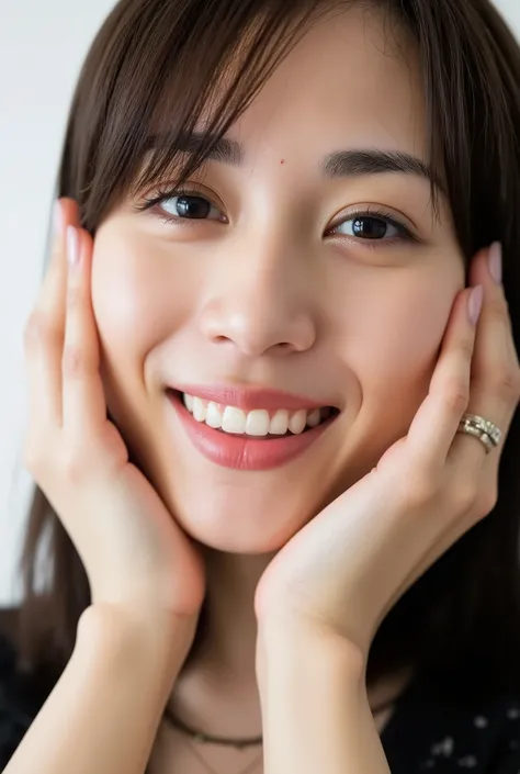 extreme close-up portrait, beautiful girl with her love-struck, radiant face filling the entire frame (95% face ratio), gently placing both open hands on her flushed cheeks with soft fingers, soft black camisole, white blurred background, eyes dreamy and h...