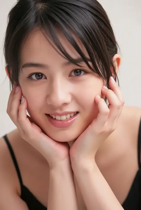 extreme close-up portrait, beautiful girl with her love-struck, radiant face filling the entire frame (95% face ratio), gently placing both open hands on her flushed cheeks with soft fingers, soft black camisole, white blurred background, eyes dreamy and h...