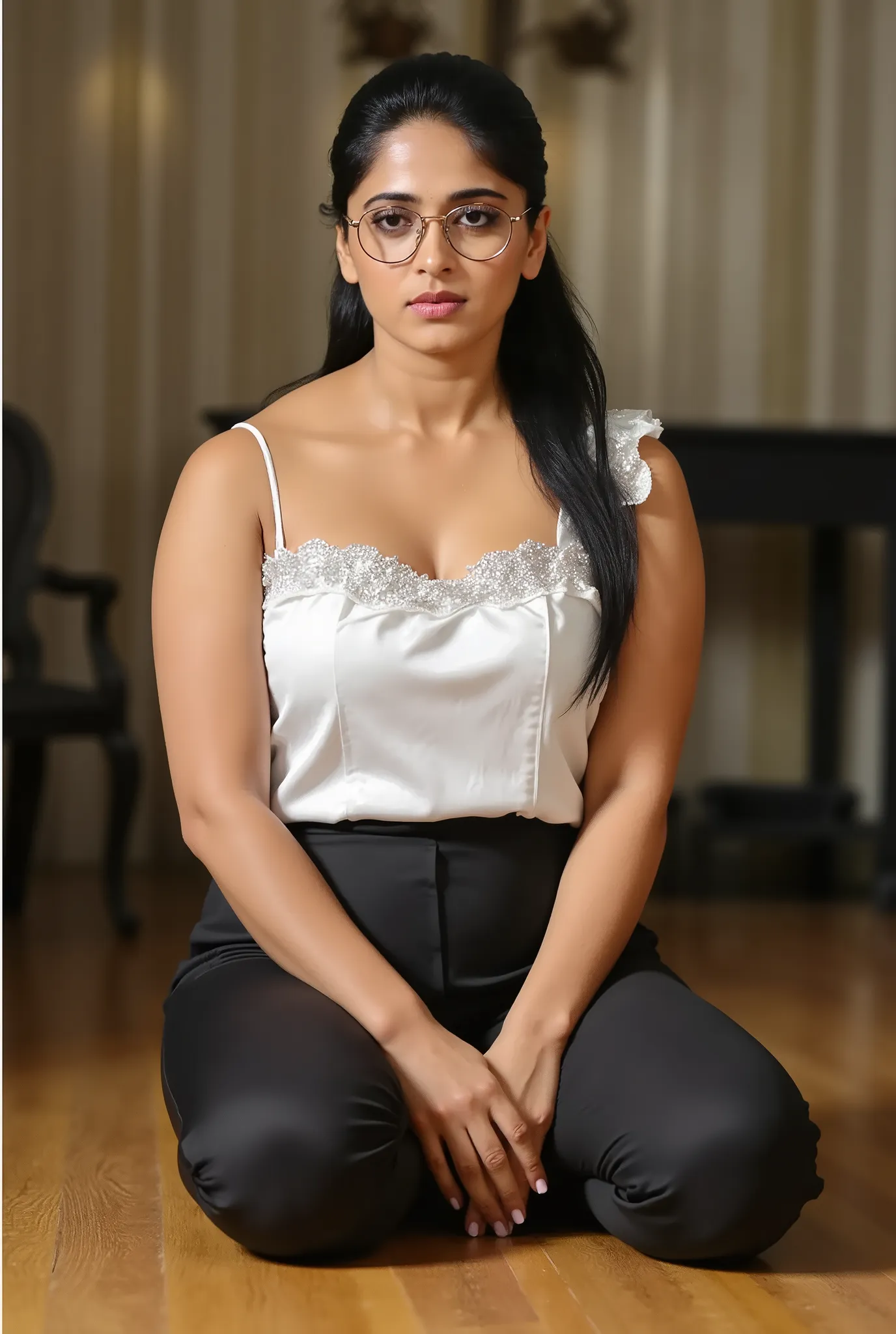 anushka with long straight black hair in a ponytail in a white satin shirt, she wears black latex leggings, and she wears round glasses, her facial expression is arrogant, she poses on all fours on the floor of a luxurious apartment full body shot, anushk...