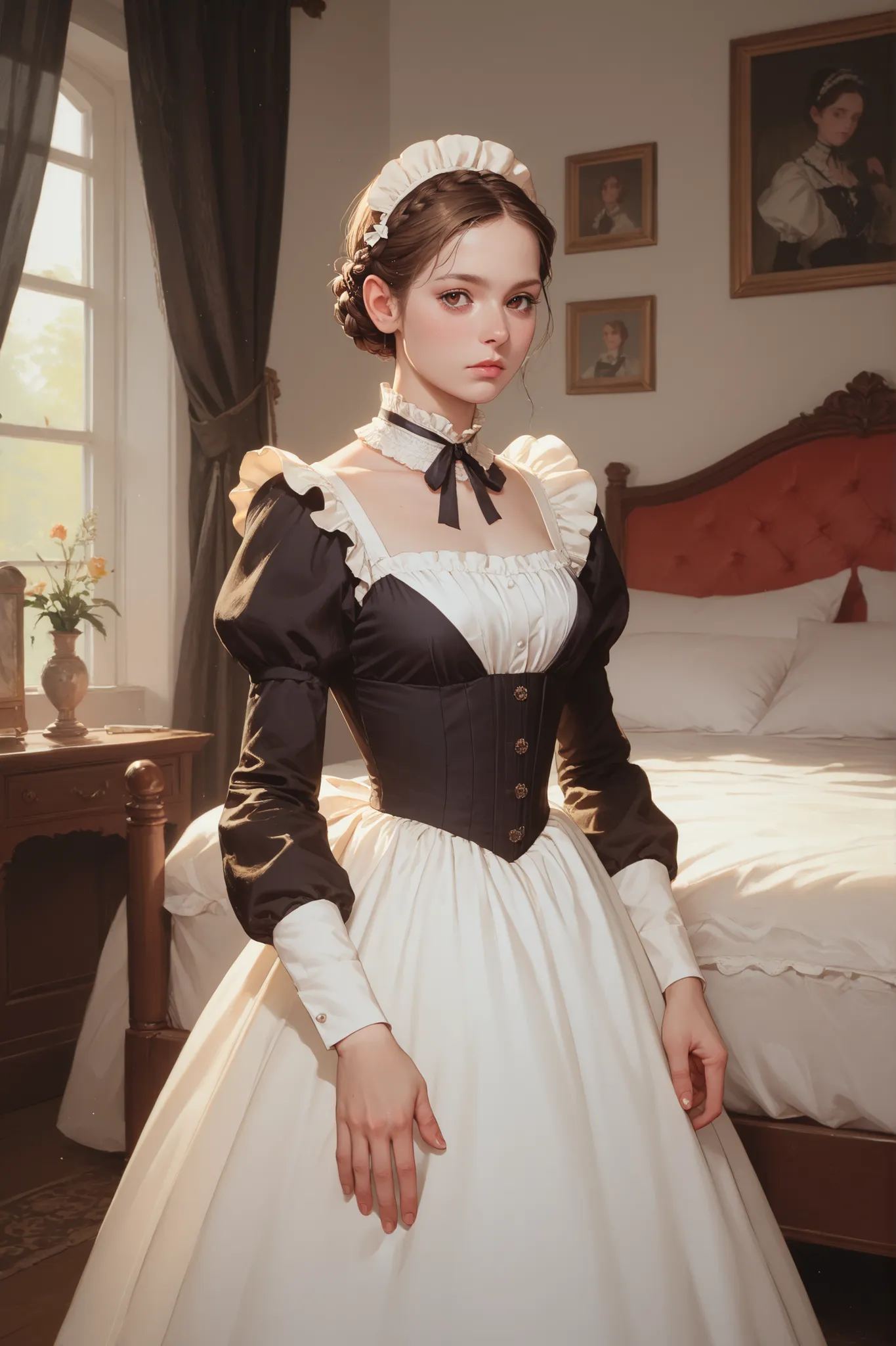 youth caucasian female,brown hair French Braid Low Bun,dark brown eye color,Perfect body, She's wearing a Victorian maid's outfit,A Maid's headdress is worn on the head,Victorian bedroom in the background,standing