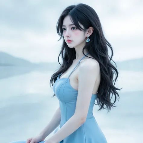 masterpiece, best quality, 1 mature woman ,long hair with slightly oblique bangs, Super long hair ,Hair tips to hips,fluffy hair,Slightly plump,Bust Natural ,Wear a light blue bandeau dress,skin as white as porcelain, elegant and noble expression, Side vi...