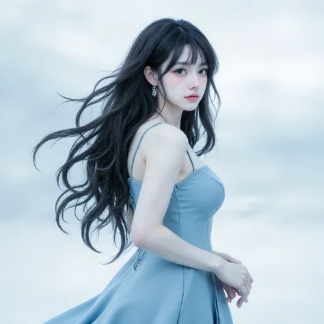 masterpiece, best quality, 1 mature woman ,long hair with slightly oblique bangs, Super long hair ,Hair tips to hips,fluffy hair,Slightly plump,Bust Natural ,Wear a light blue bandeau dress,skin as white as porcelain, elegant and noble expression, Side vi...