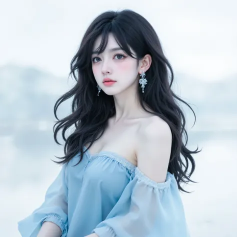 masterpiece, best quality, 1 mature woman ,long hair with slightly oblique bangs, Super long hair ,Hair tips to hips,fluffy hair,Slightly plump,Bust Natural ,Wear a light blue bandeau dress,skin as white as porcelain, elegant and noble expression, Side vi...