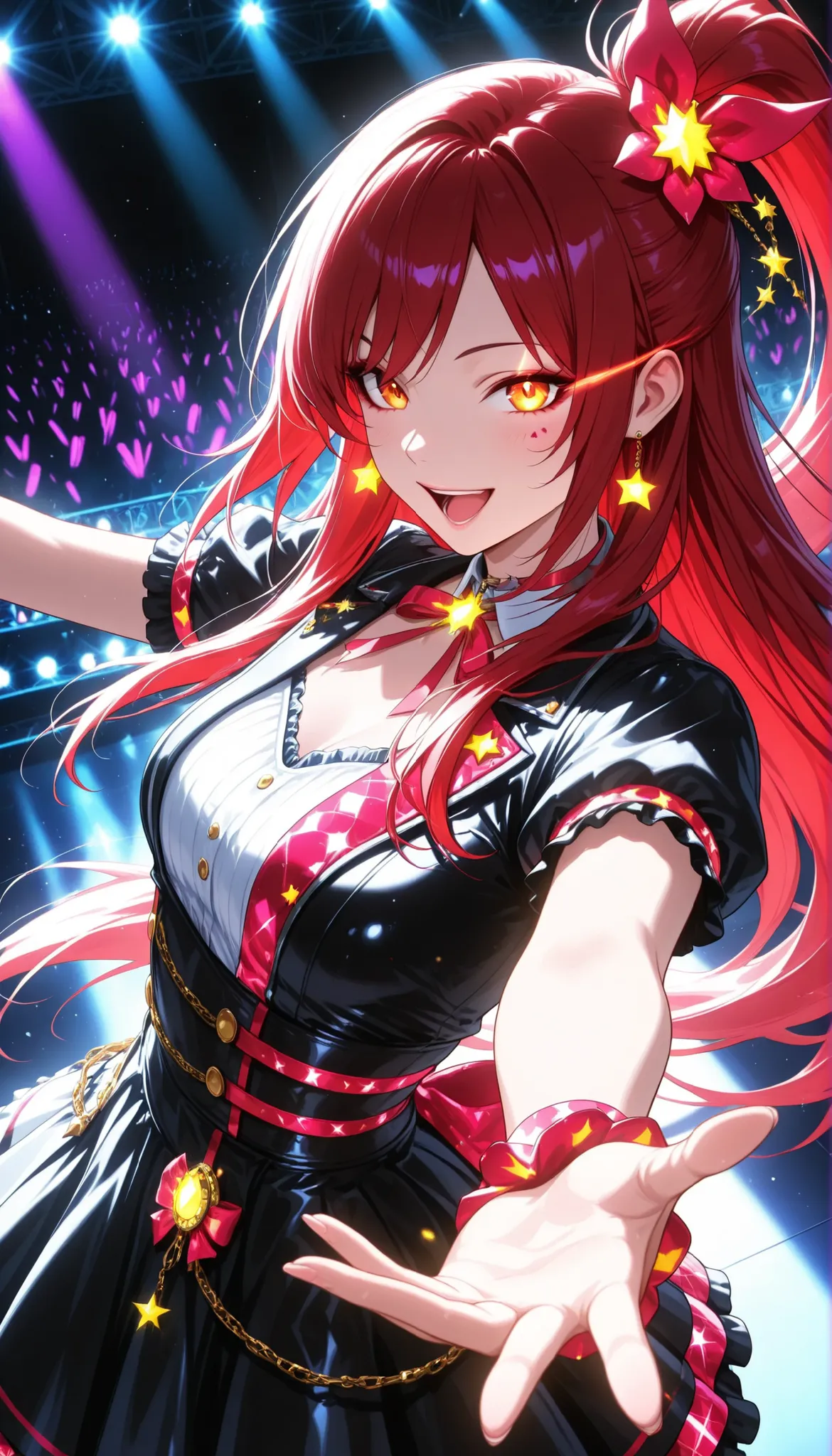 Beauty Idol, Virtual Idol, (colorfulな髪色, high position super long ponytail, red hair accessory, orange eyes), watch viewers, laugh, and open your mouth, eye trail, Dance Motion, Dynamic, Live Stage, colorful, neonライト, vibrant, dark audience background,...