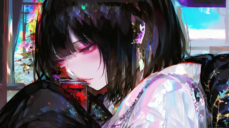 1 Japanese Girl、black hair bob cut、object、Bloody、psychedelic、Strange feeling 、masterpiece、Highest Quality