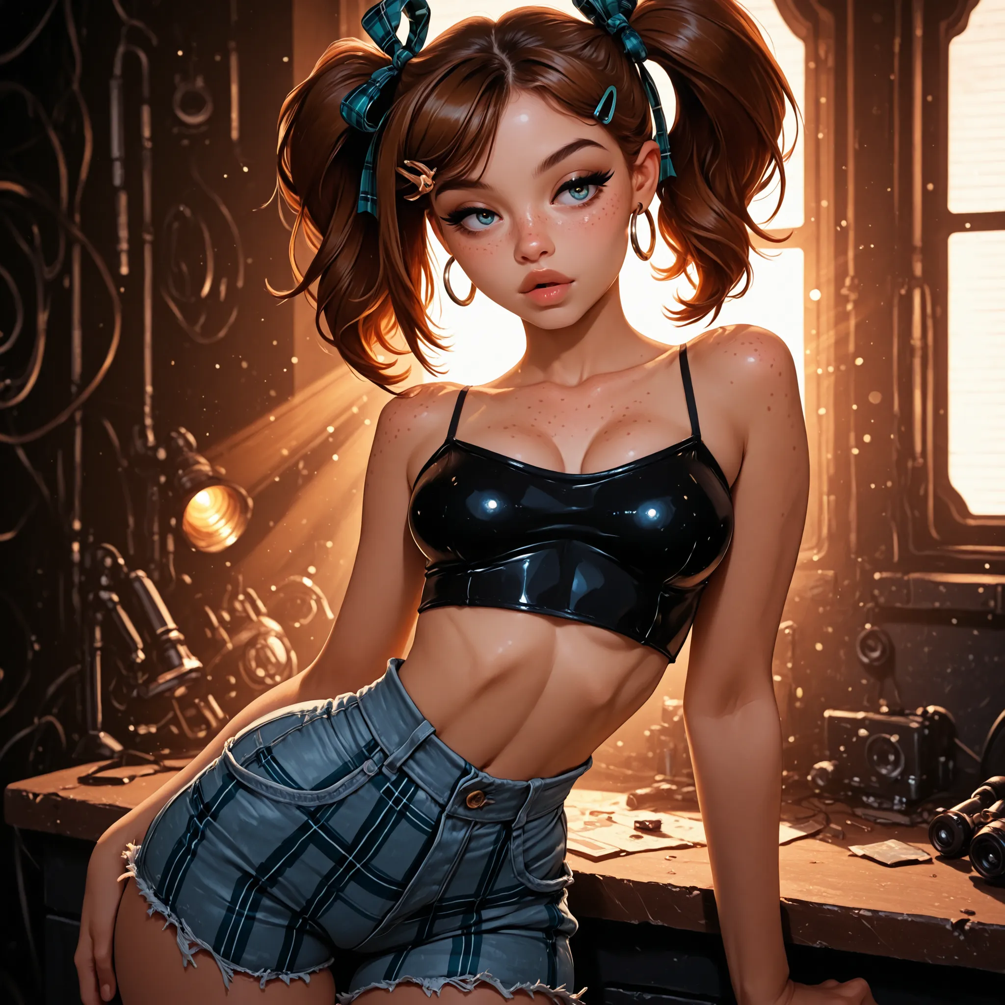side view, glossy lips, full lips, young, sexy, beautiful, 1girl, solo, pigtails, Masterpiece, High Resolution, Anatomically Correct, Detail, High Details, High Quality, Hoop Earrings, cute freckles, seductive look, plaid Hair Ribbon, Jewelry, Hair Clip, B...