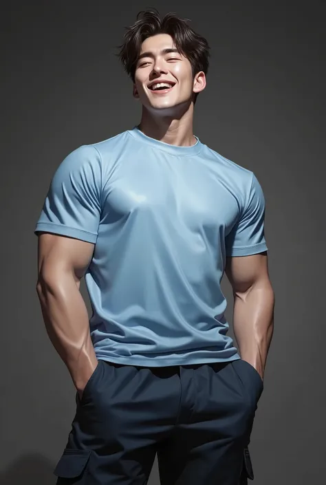 (Create a masterpiece: 1.2),(CGI art:1.3),(realistic:1.5),(After processing:1.3), (Sharp focus:1.3), 1 man, open mouth, smile, (sky blue round neck t-shirt:1.3), Navy cargo pants, Korean guy , korean men, (High gloss details), chest muscles, large arm musc...