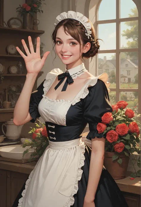 youth caucasian female,brown hair French Braid Low Bun,dark brown eye color,Perfect body,A Maid's headdress is worn on the head,She is wearing a Victorian maid's outfit,standing,She is smiling and waving in front of the rose garden.