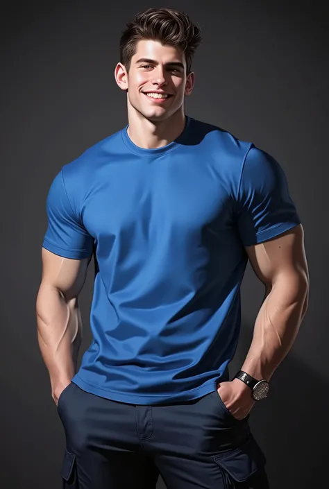 (Create a masterpiece: 1.2),(CGI art:1.3),(realistic:1.5),(After processing:1.3), (Sharp focus:1.3), 1 man, open mouth, smile, (Carolina blue round neck t-shirt:1.3), Navy cargo pants, handsome 20years mix men, (High gloss details), chest muscles, large ar...