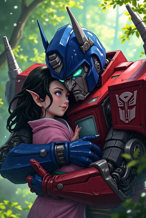 nezuko kamado,optimus prime,japanese hug,intricate detailed portrait,high quality,lifelike,photorealistic,beautiful,warm expression,tender embrace,soft ambient lighting,lush japanese woodland backdrop,natural setting,vibrant colors,dynamic composition,digi...