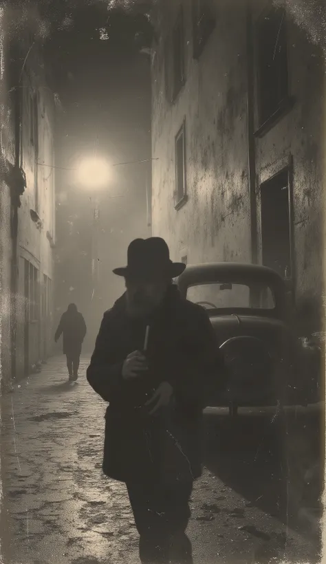 Outside the warehouse, a silhouette seen from the alley. wide-brimmed hat , burning cigarette , eyes squinted by suspicion. A cat runs across. The streetlight blinks. Low fog covers the floor. The car is still running, smoke coming out of the exhaust. Era...