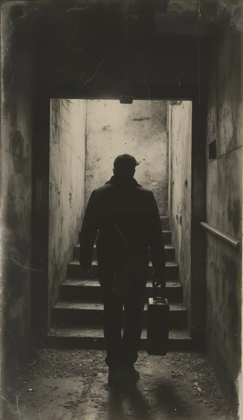 A hidden warehouse door opens into an underground tunnel. Metal stairs descend into the dark. The man descends with a suitcase. A small object shines in his hand: an old key. His silhouette is cut out against the faint orange light of the shed. Era: 1933. ...