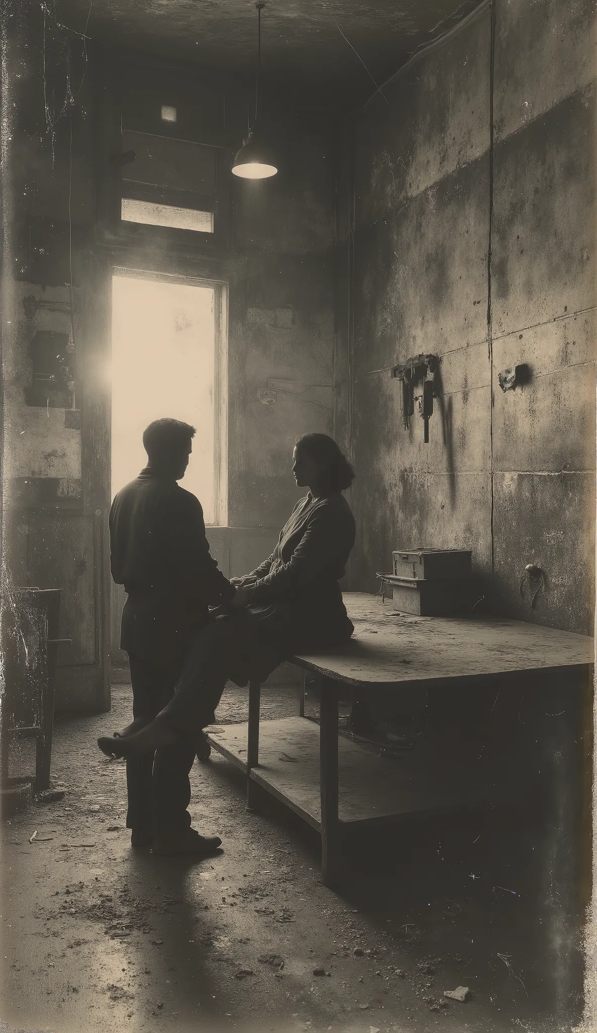 Inside the warehouse, the man places the woman on a rusty metal table. Around him, old boxes, Tools hanging, dust in the air. Look at the half-open door, Waiting. The light of the lamp hangs over them, casting long shadows. Era: 1933. discolored old photo,...