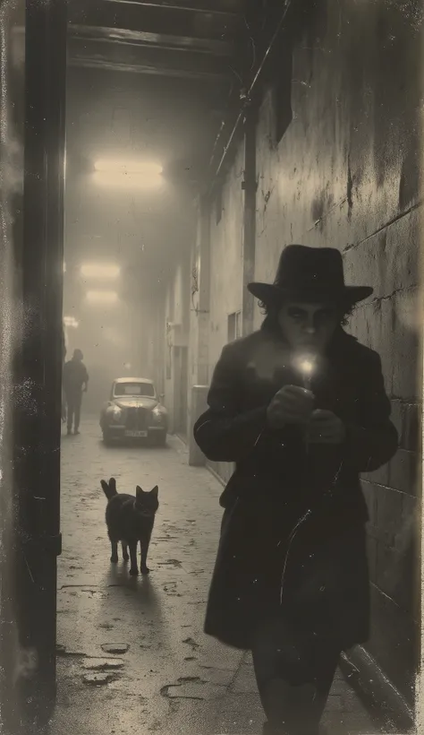 Outside the warehouse, a silhouette seen from the alley. wide-brimmed hat , burning cigarette , eyes squinted by suspicion. A cat runs across. The streetlight blinks. Low fog covers the floor. The car is still running, smoke coming out of the exhaust. Era...