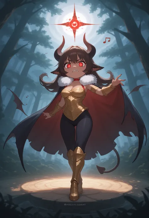 score_9, score_8_up, score_7_up, score_6_up, score_5_up, score_4_up, cute devil girl dancing, (dancing),music notes, (big trees in the forest), cute horror fantasy, Disney-style horror effects, dark brown skin, bags under eyes, long eyebrow,(big eyes:0.5)c...