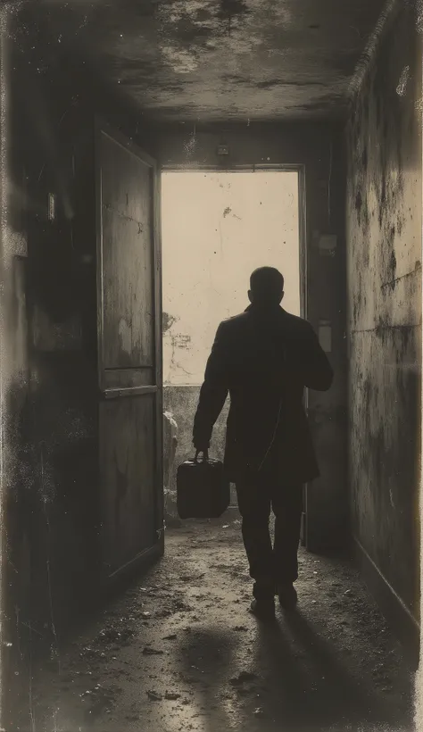 A hidden warehouse door opens into an underground tunnel. Metal stairs descend into the dark. The man descends with a suitcase. A small object shines in his hand: an old key. His silhouette is cut out against the faint orange light of the shed. Era: 1933. ...