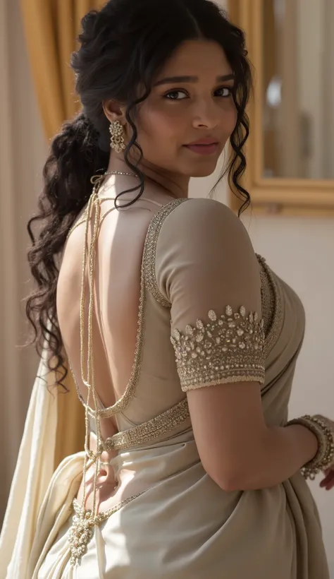Day scene, extreme long shot photo of a sexy latina maid, cleaning car in a palace, big cheeks, curvy, super stylish transparent saree with out bra with wide open breasts, accessories,sex toys,cum on nipples, earrings, necklace, erotic face, 36 yo, ponytai...