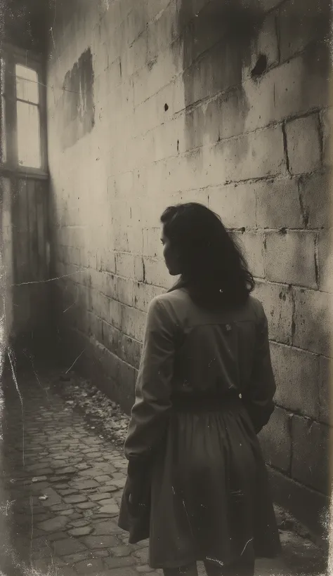 Spirit of a woman wanders through eternity looking for her beloved. Era: 1933. discolored old photo, sepia, deep shadows, mysterious atmosphere, masterpiece, highest quality tattoo, super detailed theme, ultra high resolution, 8K.