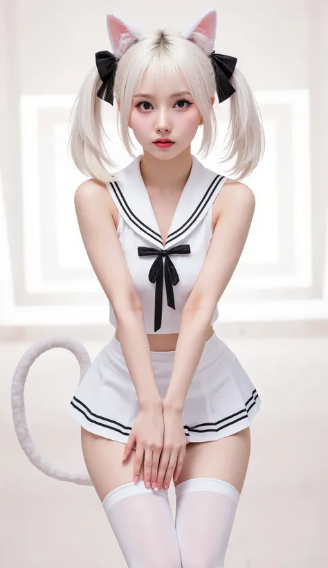 
(masterpiece, best quality:1.2),illustration,8k,HD,1 girl,alone,animal_ears,Cat_ears,bow,long_hair,hair_bow,white_hair,Bangs,Moderate_breast,Black_bow,ribbon,direction,Double tail,animal_ear_fluff,Red_Eye,hair bow,navel,white thighhighs,sleeveless tops,sa...