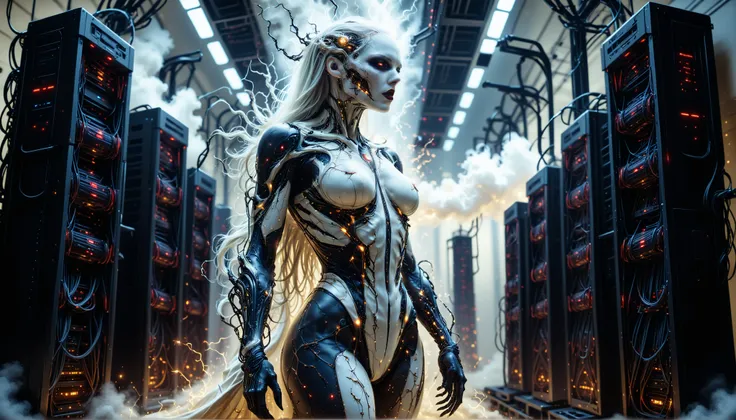 cybernetic corruption, seductive cybernatic vampire,Server Farm Sacrament: vampire cult performing ritual around towering server racks. has unique cyber‑markings and braided hair, wearing flowing techno‑robes and white bodysuit. Sparks fly from overhead c...
