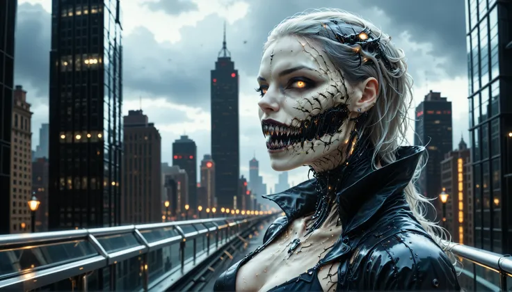 cybernetic corruption, seductive cybernatic vampire, fangs,Skybridge Reflection: Vampire with chrome‑plated cheek implants, platinum hair slicked back. Wears a reflective trench coat as she walks a glass skybridge above a sleeping city.