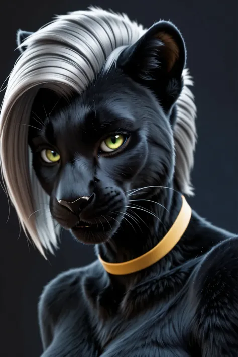 (intricate details, masterpiece, best quality, high resolution, 8k:1), realistic, sfw, dynamic angle, solo, 1girl, furry, female, (panther:1.5), (forward mohawk, silver hair, neck length hair:1.5), detailed body fur, (single fur color, midnight fur:1.5), m...