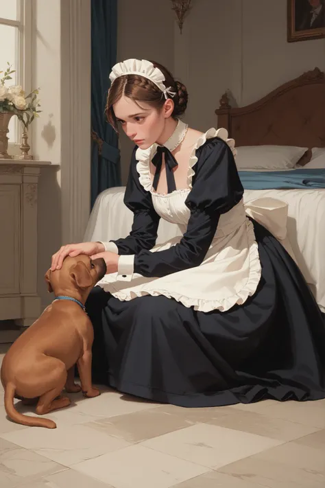 youth caucasian female,brown hair French Braid Low Bun,dark brown eye color,Perfect body, A Maid's headdress is worn on the head,She is dressed in a Victorian maid's outfit. She is crouched down, petting a puppy on the ground. The background is in the gard...