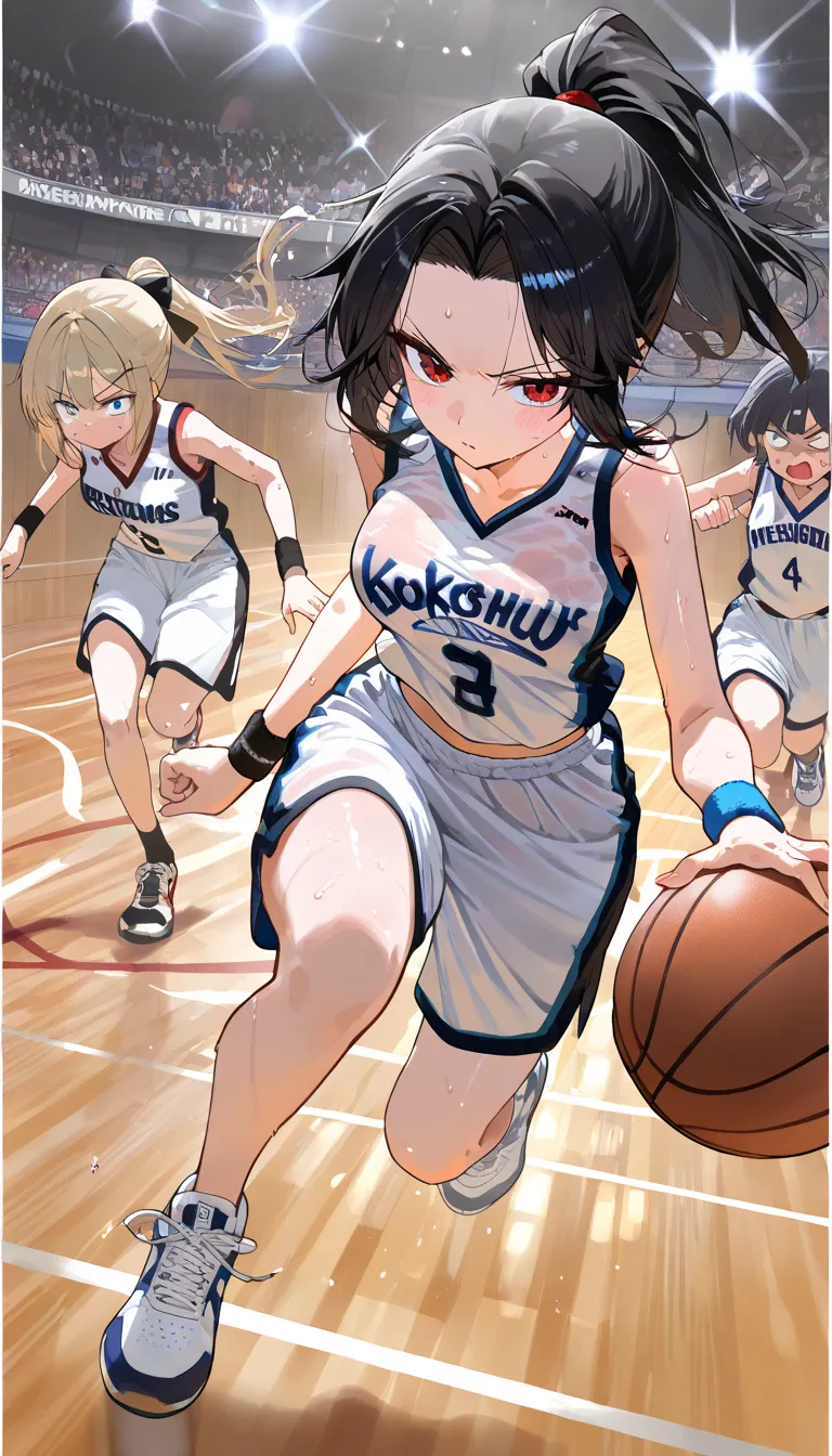 (beautiful girl : 1.3),3 girls,(basketballのユニフォーム,wristband,see-through bras,sneakers,basketball),black hair,ponytail,Forehead,anger, abusive,runs,sweat,dribble,Other Player,basketballコート,audience,Cheer ,masterpiece,Highest Quality,RICH CONTRAST,high image quality,8k,High Definition CG Unit Wallpaper,texture,unbelievably absurd, RAW photos ,deep border 1 .2,Very Detailed