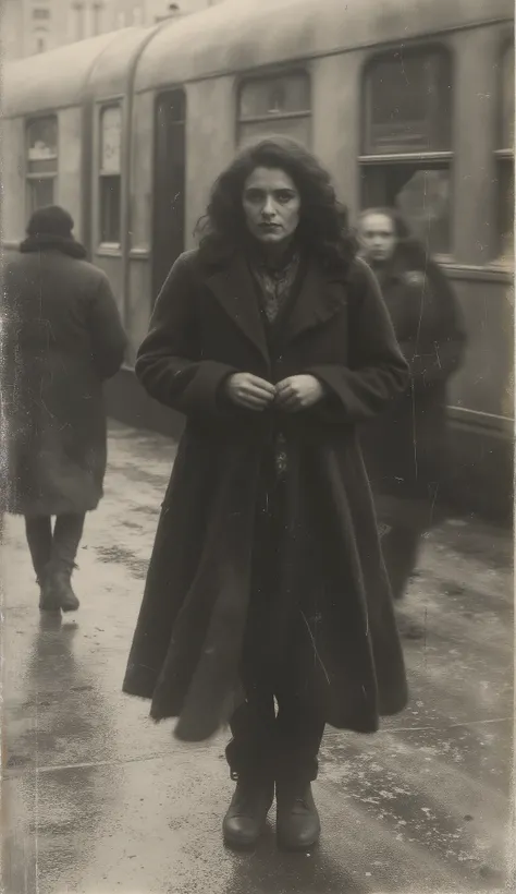 The ghostly spirit of a sinister Baga, woman not touching the ground at the train station in 1920. They have empty eyes, and their smiles are a cruel mockery of the concept of innocence. cinematographic