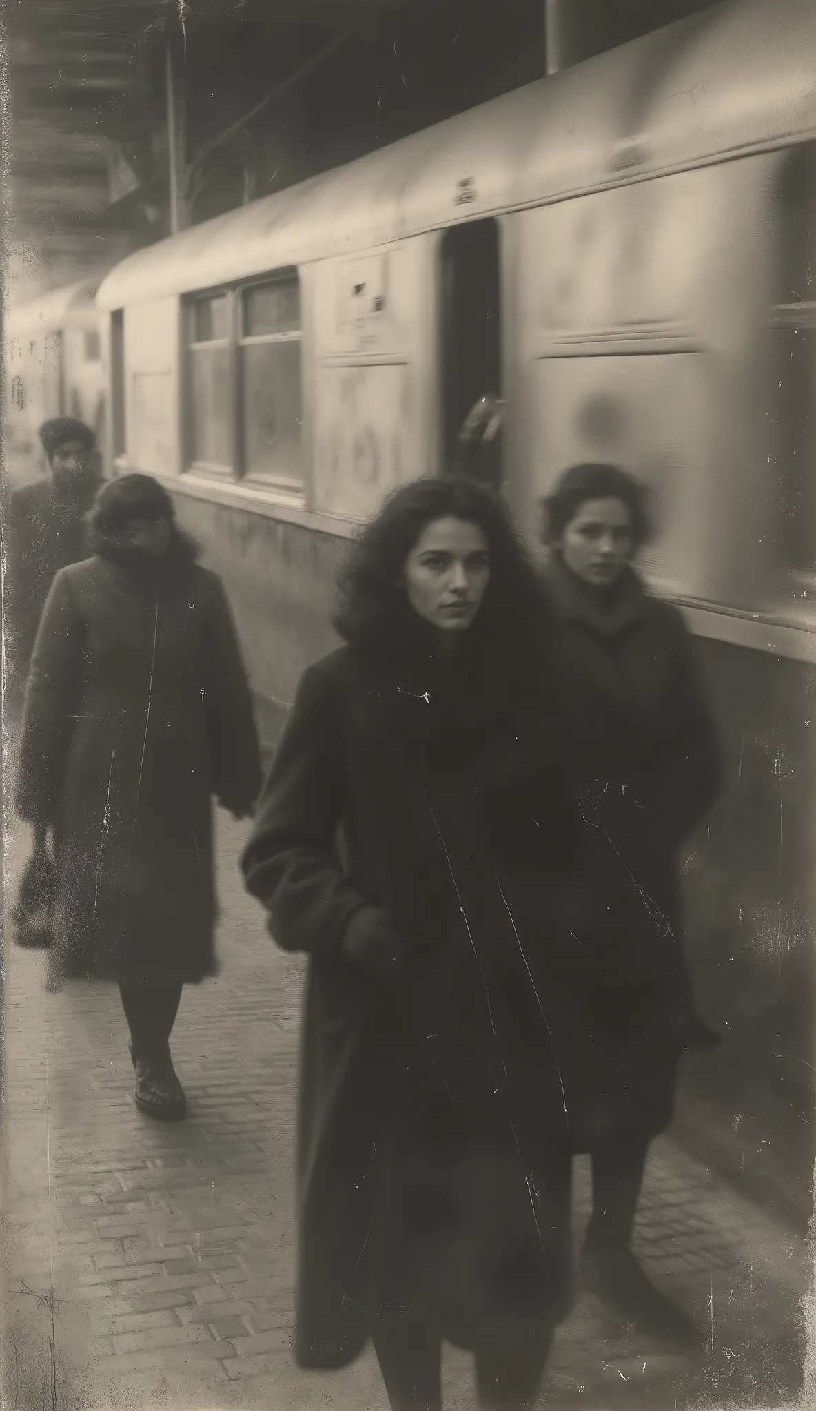 The ghostly spirit of a sinister Baga, woman not touching the ground at the train station in 1920. They have empty eyes, and their smiles are a cruel mockery of the concept of innocence. cinematographic