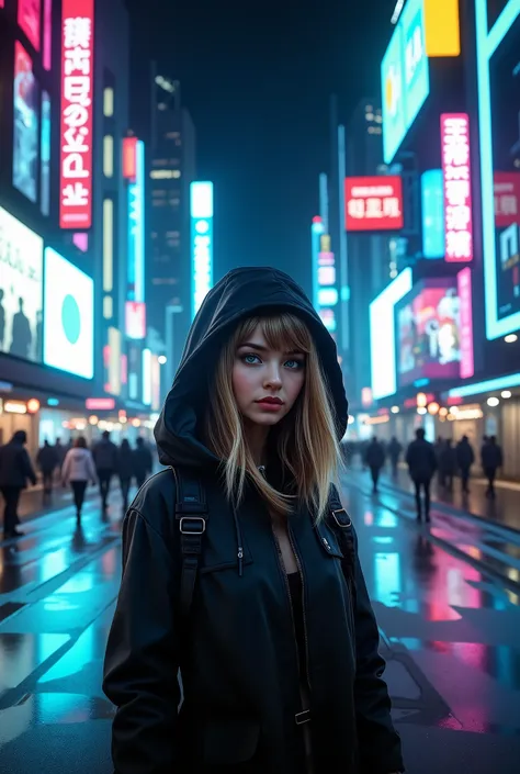 A highly detailed nighttime cyberpunk cityscape, glowing with countless neon signs and holographic advertisements in various colors. The streets are crowded and layered with urban tech, rain-slick pavement reflecting the lights. In the foreground stands a ...