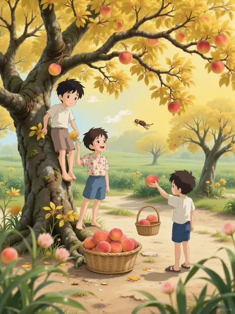 Healing illustrations, wide-angle lens, Hayao Miyazaki style, From a perspective, you can see, Peachtree gum on the back of the 90s, Three s wearing faded short sleeves and clothes shoes, A barefoot climbing old peach tree's rough branches and reaching out for a ruddy peach, One standing foot in a rattan basket falling fruit, A tiptoe conveying freshly picked peaches, Peach fluff on the branches is golden in the sun, in the warm yellow light, sweat beads falling from the red cheeses, The tree bark lines and peach spots are clearly visible, The sound of cicadas dripping in the warm yellow light, The fattest boy Long arms are enough to reach the highest peach