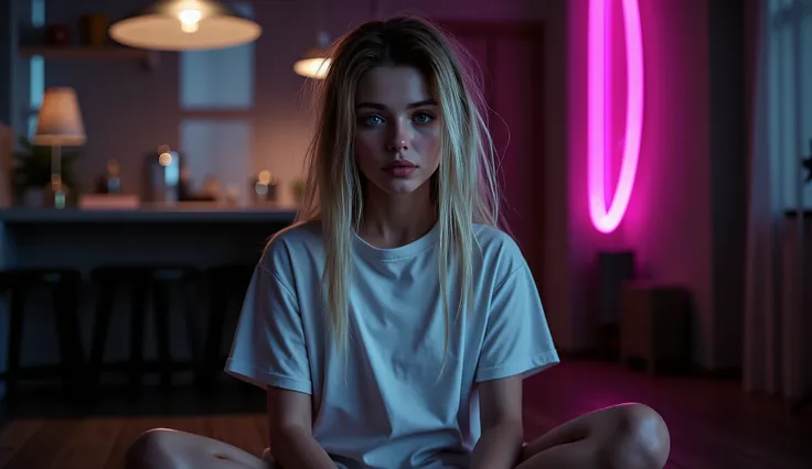 A dimly lit, moody side-view of a dark room, wide-angle shot, filled with detailed objects and textures. A soft neon sign glows on the wall, casting contrasting light and shadows across the space. In the center sits a young woman in an oversized white t-sh...