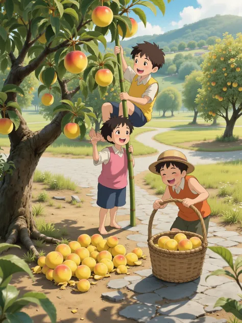 Healing illustrations, wide-angle lenses, Hayao Miyazaki style, Can be seen from a bird's-eye view Scenes of yellow-skinned fruit trees in the southern countryside in the 90s, Three ren in polyester vests take a wooden ladder to pick fruit, the girl with a croissant pull the branches on her feet, The boy with curly hair uses a bamboo pole to tie up the branches, A round-faced boy wearing a straw hat pulls up his clothes and arranges yellow peaches, Sweaty hair sticks to the reddish forehead, The golden yellow peel sticks to the curved branches, The green leaves that fall on the bluestone slab, Bamboo basket filled with fruit with dew drops, The ultra-high-definition 8K image quality shows the translucent texture of the fruit peel, to form light spots through the crown in the afternoon, Use Fuji Pro 400H film color, low-angle camera captures ren laughing as they compete for the greatest fruit