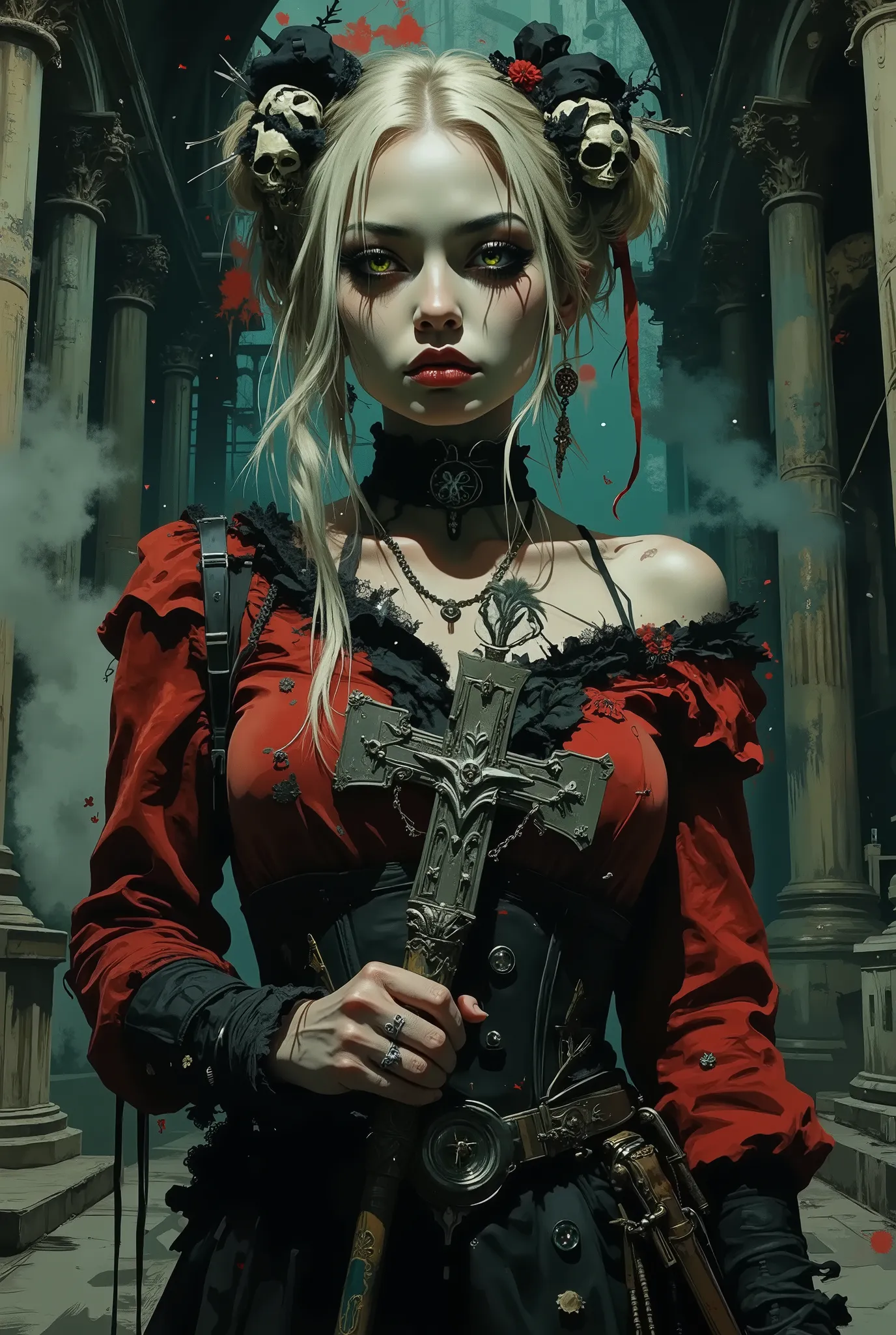 The upper body of a sexy erotic European young girl with large breasts in Gothic style, she stands in a dark cathedral, she has long platinum hair, pale skin and eyes of a striking greenish-yellow hue, conveying both tension and vulnerability.She smiles my...