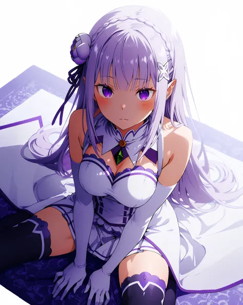 re:emilia,  Demonic expression , purple Hair Accessory, sleeveless white dress with intricate purple pattern, with high slits, white arm length gloves, black thigh-high socks, sitting pose, hand resting on fabric, sleeveless white dress with white backgrou...