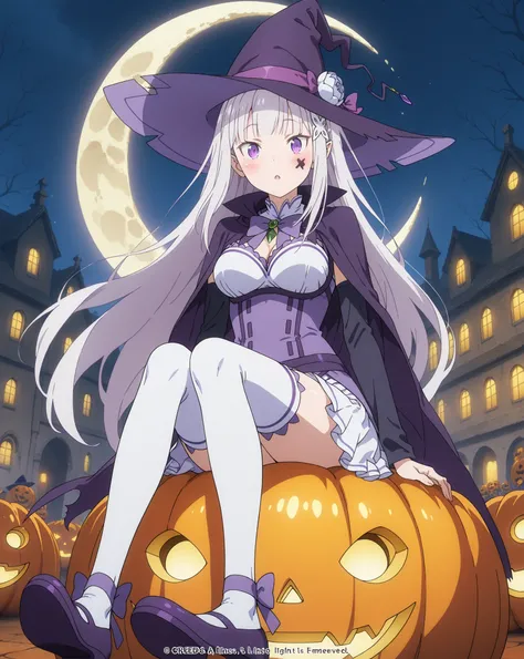 re:emilia,  Demonic expression , purple and white , jagged details, large bow accessory, White thigh socks, purple shoes, Oyuncu poz, candies , looking at the viewer, extending his right foot to the viewer, Blush on cheeks,  Halloween themed environment, c...