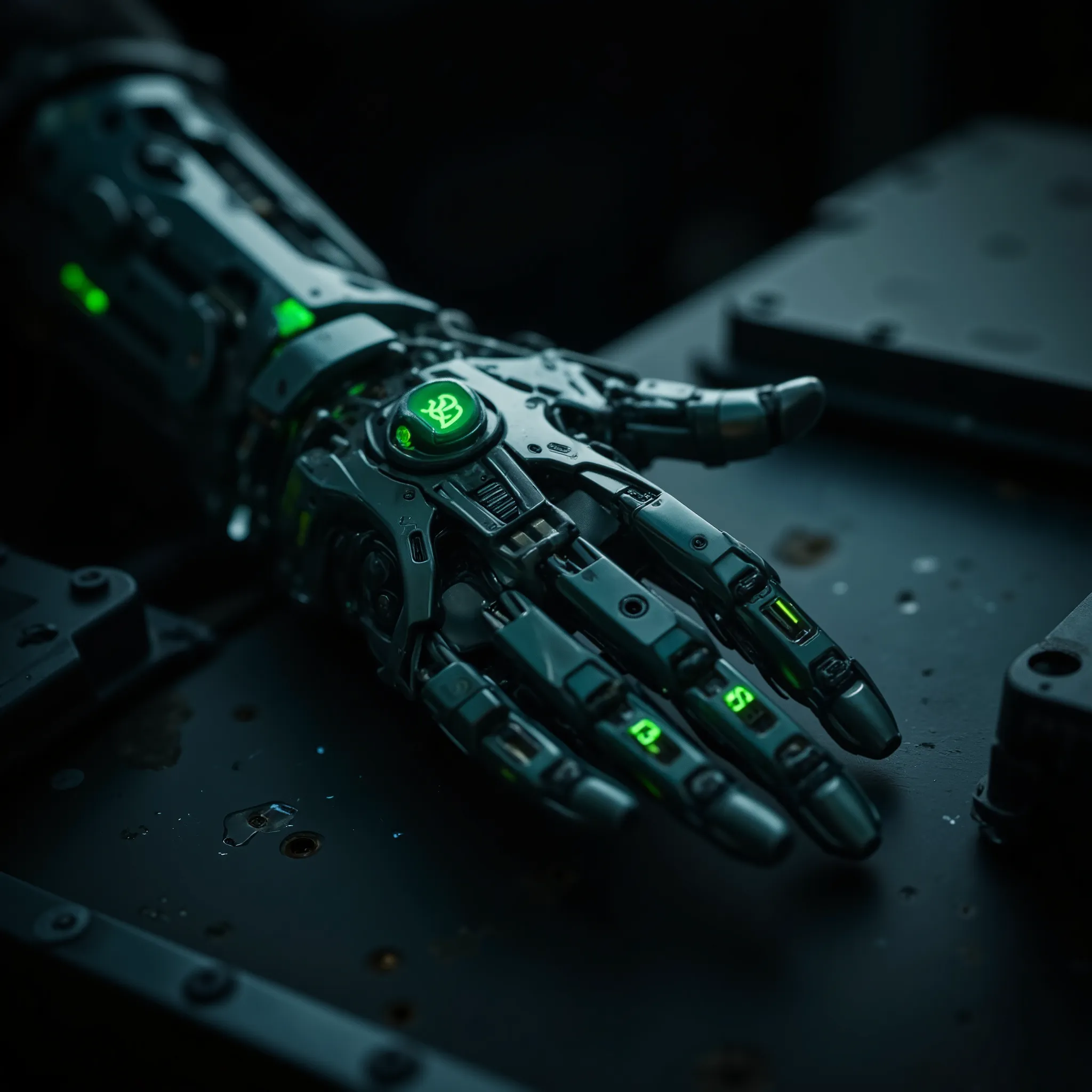 A futuristic robotic hand depicted in a close-up view, showcasing intricate details and a sleek metallic finish. The hand features glowing green symbols and circuitry, emphasizing its advanced technology. The background is dimly lit with a matte black surf...