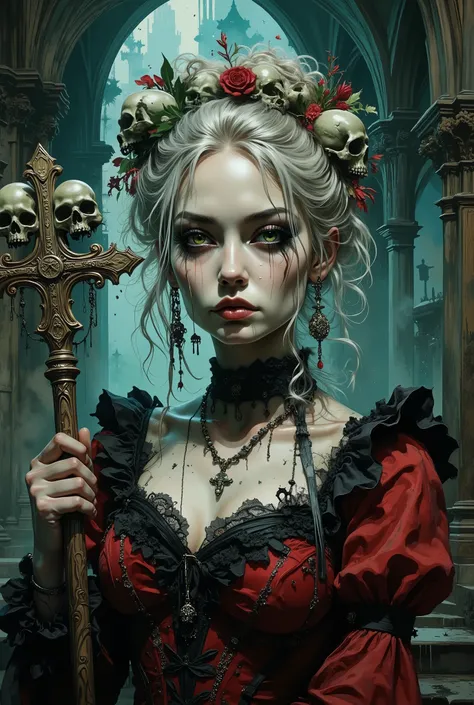 The upper body of a sexy erotic European young girl with large breasts in Gothic style, she stands half-turned in a dark Gothic cathedral, she has long curly beautiful platinum hair, pale skin and eyes of a striking greenish-yellow hue, conveying both tens...